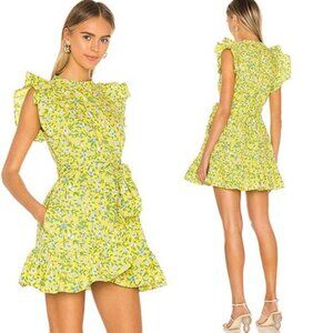 NEW vBanjanan Audrey Floral Cotton Poplin Flutter Sleeve Tie Mini Dress Yellow